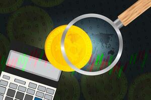 Bitcoin traders look for opportunities, magnify bitcoins, analyze and look for good trades. vector