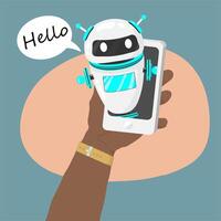 business banner template with illustration of man chatting with chat bot in smartphone. vector
