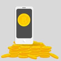 illustration of a bitcoin gold coin in a mobile phone vector