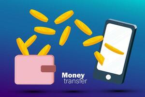 Money transfer from wallet into cellphone in isometric design. vector