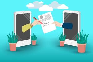 Man putting esignature into legal document. Digital signature concept. vector