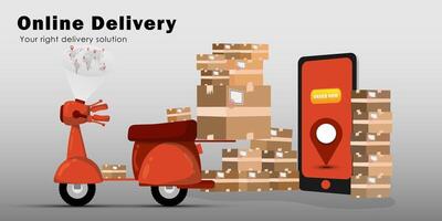 Fast delivery by scooter on mobile. E-commerce concept. vector