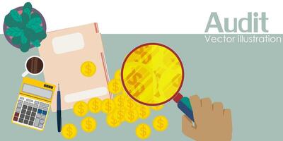 Auditing concepts. Auditor at table during examination of financial report. vector