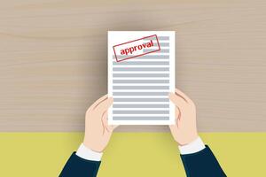 Job application approved. Hand holds job application with approval stamp on it. vector