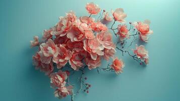 A creative concept of the human brain as an elegant tree with flowers, set against a soft blue background. The floral elements and organic shape create a harmonious composition that represents growth. photo