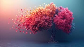 A creative concept of the human brain as an elegant tree with flowers, set against a soft blue background. The floral elements and organic shape create a harmonious composition that represents growth. photo