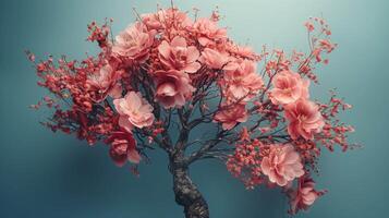 A creative concept of the human brain as an elegant tree with flowers, set against a soft blue background. The floral elements and organic shape create a harmonious composition that represents growth. photo