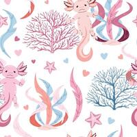 Seamless pattern with cartoon doodle axolotl. Background with cute sea creature in flat style. Suitable for decoration, design, stickers vector