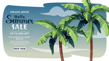 Banner with palm trees against a tropical sky. Lazy holiday, beach, sea. Suitable for web banners, backgrounds, posters, etc. Hello summer. vector
