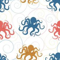 Seamless pattern with cartoon doodle octopus. Background with sea creature in flat style. Suitable for decoration, design, stickers vector