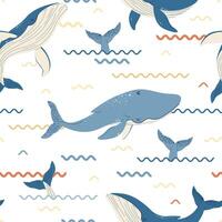 Seamless pattern with cartoon whale. Background with sea animal in flat style. Suitable for decoration, design, stickers vector