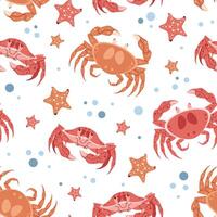 Seamless pattern with cartoon crab. Background with sea animal, seaweed in flat style. Suitable for decoration, design, stickers vector