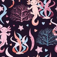 Seamless pattern with cartoon doodle axolotl. Background with cute sea creature in flat style. Suitable for decoration, design, stickers vector