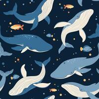 Seamless pattern with cartoon whale. Background with sea animal in flat style. Suitable for decoration, design, stickers vector