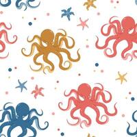 Seamless pattern with cartoon doodle octopus. Background with sea creature in flat style. Suitable for decoration, design, stickers vector