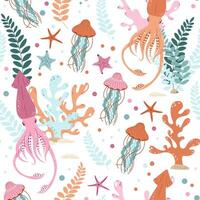 Seamless pattern with cartoon doodle squid. Background with sea life in flat style. Suitable for decoration, design, stickers vector
