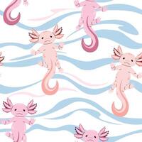 Seamless pattern with cartoon doodle axolotl. Background with cute sea creature in flat style. Suitable for decoration, design, stickers vector