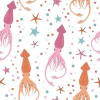 Seamless pattern with cartoon doodle squid. Background with sea life in flat style. Suitable for decoration, design, stickers vector