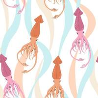 Seamless pattern with cartoon doodle squid. Background with sea life in flat style. Suitable for decoration, design, stickers vector