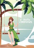 Postcard with Woman is engaged in active recreation on the beach. woman enjoys a moment of relaxation while swinging on a swing on a tropical beach in summer. Summer holiday, beach, vacation. vector