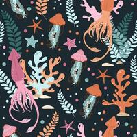 Seamless pattern with cartoon doodle squid. Background with sea life in flat style. Suitable for decoration, design, stickers vector