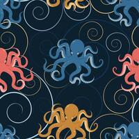 Seamless pattern with cartoon doodle octopus. Background with sea creature in flat style. Suitable for decoration, design, stickers vector