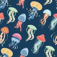 Seamless pattern with cartoon doodle jellyfish. Background with sea creatures in flat style. Suitable for decoration, design, stickers vector