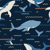 Seamless pattern with cartoon whale. Background with sea animal in flat style. Suitable for decoration, design, stickers vector
