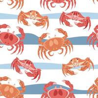 Seamless pattern with cartoon crab. Background with sea animal, seaweed in flat style. Suitable for decoration, design, stickers vector