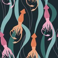 Seamless pattern with cartoon doodle squid. Background with sea life in flat style. Suitable for decoration, design, stickers vector