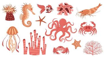 Hand drawn sea creatures in flat doodle style. Ocean inhabitants on an isolated background. Suitable for sticker, design, decoration. vector