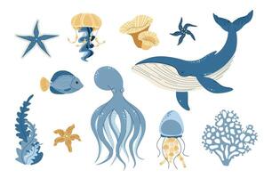Hand drawn ocean creatures in flat doodle style. sea creatures on isolated background. Suitable for stickers, design, decoration. vector
