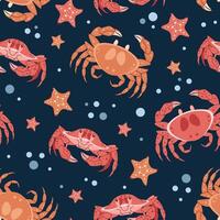 Seamless pattern with cartoon crab. Background with sea animal, seaweed in flat style. Suitable for decoration, design, stickers vector