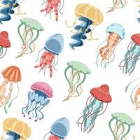 Seamless pattern with cartoon doodle jellyfish. Background with sea creatures in flat style. Suitable for decoration, design, stickers vector