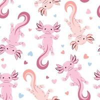 Seamless pattern with cartoon doodle axolotl. Background with cute sea creature in flat style. Suitable for decoration, design, stickers vector