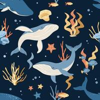 Seamless pattern with cartoon whale. Background with sea animal in flat style. Suitable for decoration, design, stickers vector