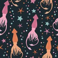 Seamless pattern with cartoon doodle squid. Background with sea life in flat style. Suitable for decoration, design, stickers vector