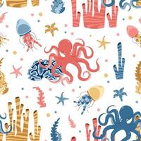 Seamless pattern with cartoon doodle octopus. Background with sea creature in flat style. Suitable for decoration, design, stickers vector