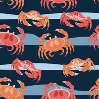 Seamless pattern with cartoon crab. Background with sea animal, seaweed in flat style. Suitable for decoration, design, stickers vector