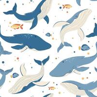 Seamless pattern with cartoon whale. Background with sea animal in flat style. Suitable for decoration, design, stickers vector
