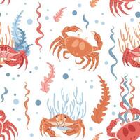Seamless pattern with cartoon crab. Background with sea animal, seaweed in flat style. Suitable for decoration, design, stickers vector