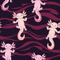 Seamless pattern with cartoon doodle axolotl. Background with cute sea creature in flat style. Suitable for decoration, design, stickers vector