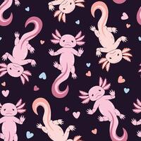 Seamless pattern with cartoon doodle axolotl. Background with cute sea creature in flat style. Suitable for decoration, design, stickers vector