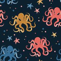Seamless pattern with cartoon doodle octopus. Background with sea creature in flat style. Suitable for decoration, design, stickers vector