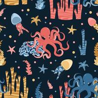 Seamless pattern with cartoon doodle octopus. Background with sea creature in flat style. Suitable for decoration, design, stickers vector