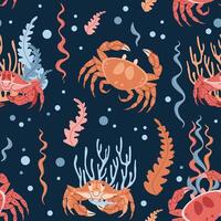 Seamless pattern with cartoon crab. Background with sea animal, seaweed in flat style. Suitable for decoration, design, stickers vector