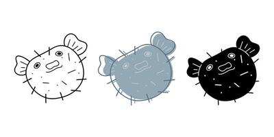 Set with fugu fish in different colors. Doodle clip art for your projects. vector
