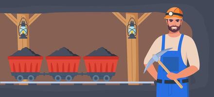 Coal mine tunnel. Trolley with coal in old mining cave interior. Miner man character, coal or minerals mining, Worker in uniform with pickaxe. Coal mine tunnel. Extraction Industry. . vector