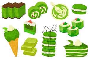 Variants of sweets from matcha tea. vector