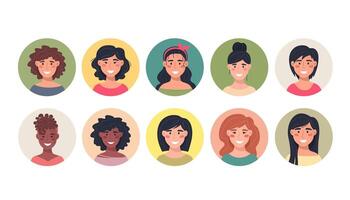 Collection of female avatars in a round icon, communication, people. vector